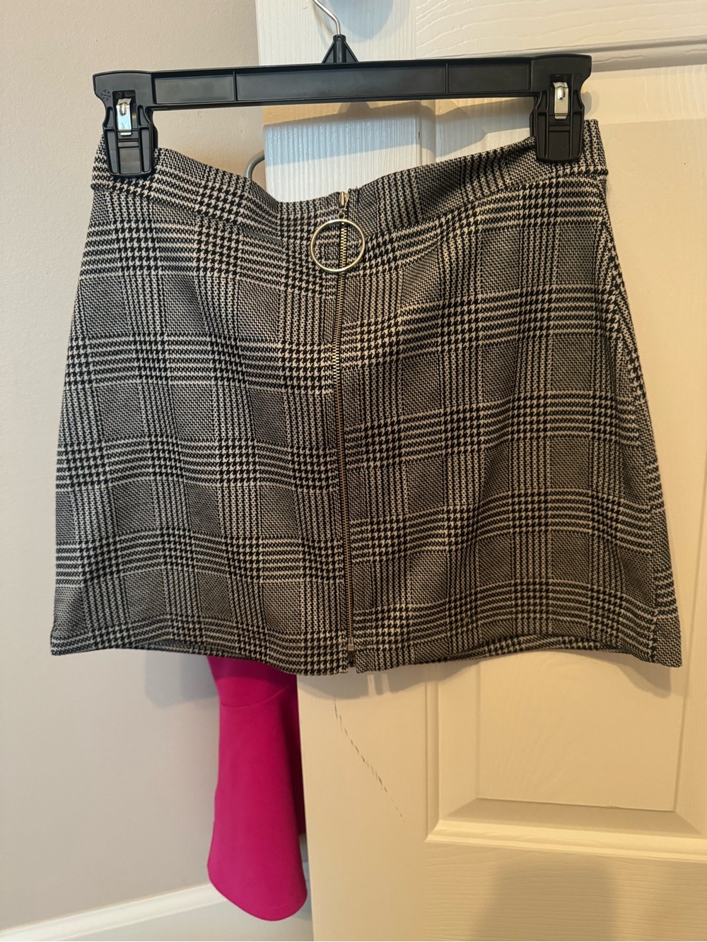 Plaid Zip-Front Mini Skirt in Black & White